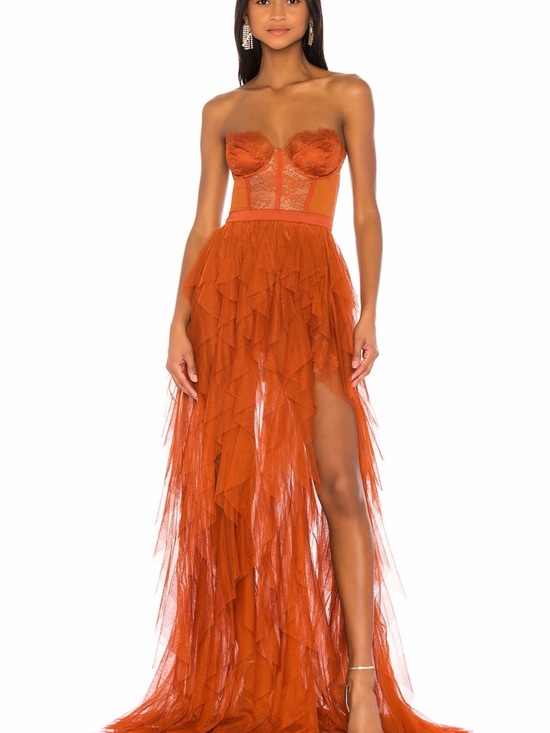 For Love And Lemons Dresses & Skirts - For Love & Lemons Strapless Ruffled Tulle Gown in Rust Orange